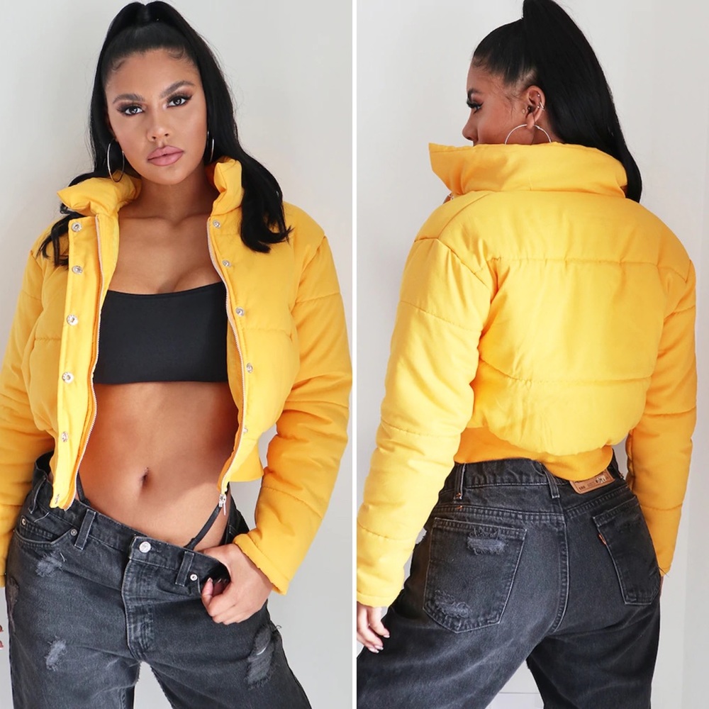 Mustard Peach Skin Cropped Puffer Jacket